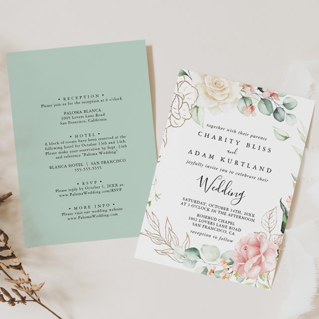 Gold Green Foliage Blues Front & Back Wedding Einladung (Von Creator hochgeladen)