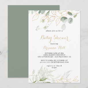 Gold Green Foliage Calligraphy Baby Dusche Einladung