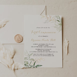Gold Green Foliage Calligraphy First Communation Einladung