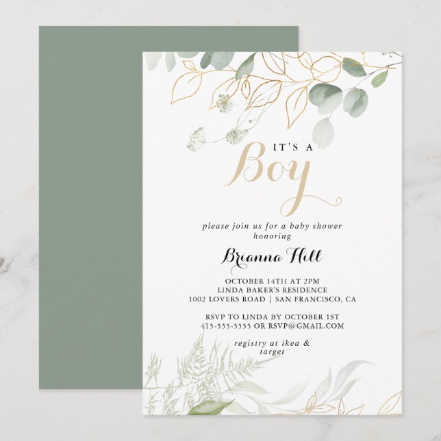 Gold Green Foliage Es ist eine Baby-Dusche Einladung (Vorne/Hinten)