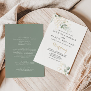 Gold Green Foliage Front & Back Wedding Einladung