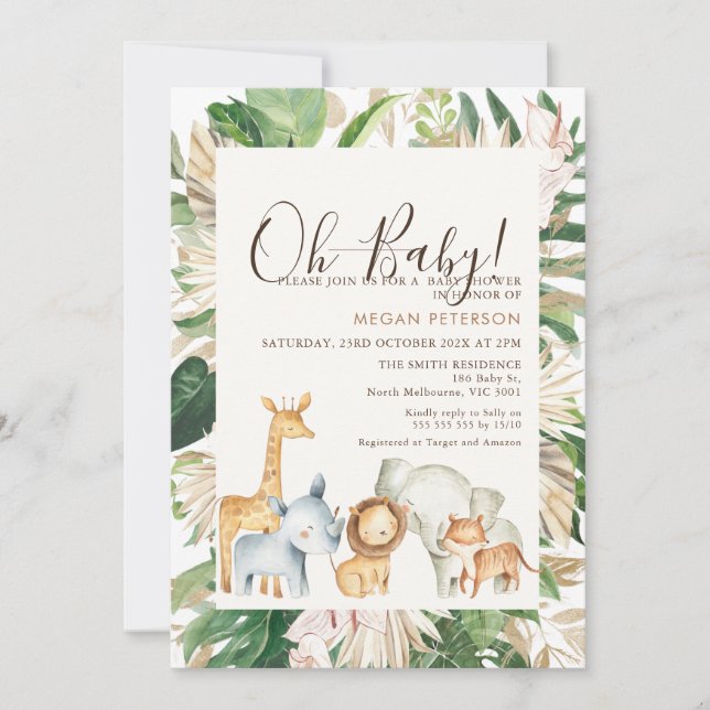 Gold Green Foliage Palm Safari Baby Dusche Einladung (Vorderseite)