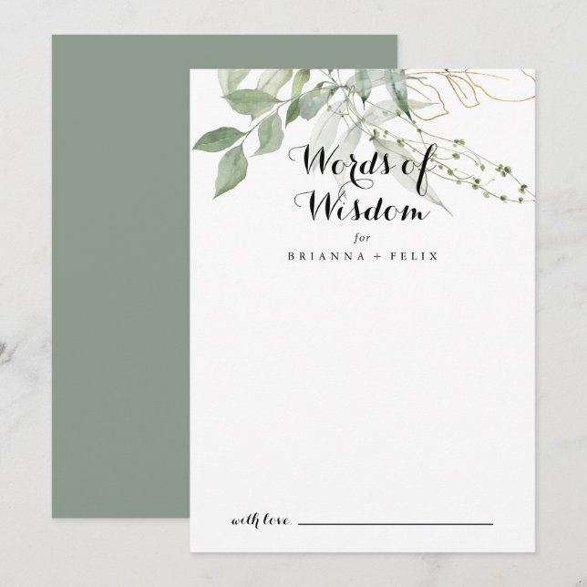 Gold Green Foliage Wedding Words of Wisdom Hinweiskarte (Vorne/Hinten)