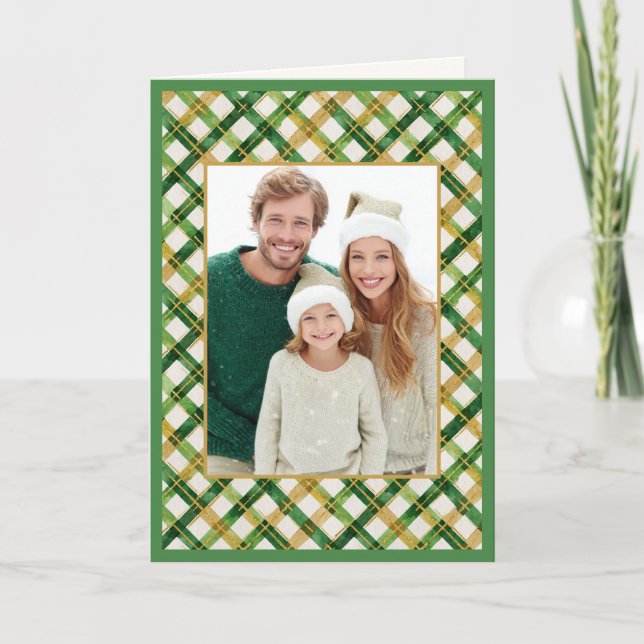 Gold Green Foto Karierte Weihnachtskarte Karte (Vorderseite)