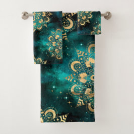 Gold & Green Galaxy Dharma Mandala Muster Badhandtuch Set