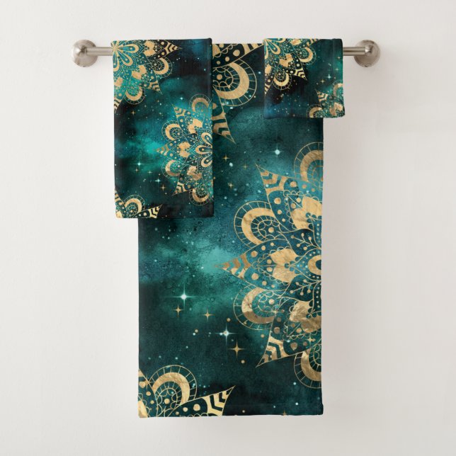 Gold & Green Galaxy Dharma Mandala Muster Badhandtuch Set (Insitu)