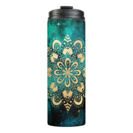 Gold & Green Galaxy Dharma Mandala Muster Thermosbecher