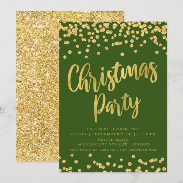 Gold Green Glitzer Weihnachten Firmenfeiertag Einladung (Vorne/Hinten)