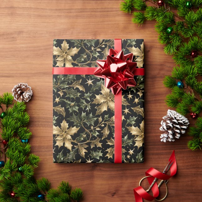 Gold & Green Leaves Wrapping Paper on Dark Back Geschenkpapier (Feiertagsgeschenk)