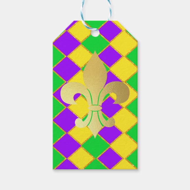 Gold Green Lila Mardi Gras Harlequin Pattern Geschenkanhänger (Vorderseite)