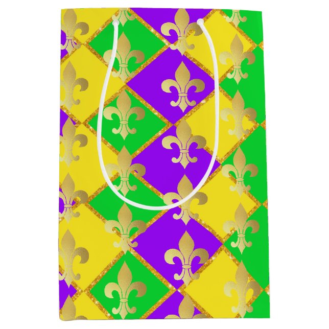 Gold Green Lila Mardi Gras Harlequin Pattern Mittlere Geschenktüte (Vorderseite)