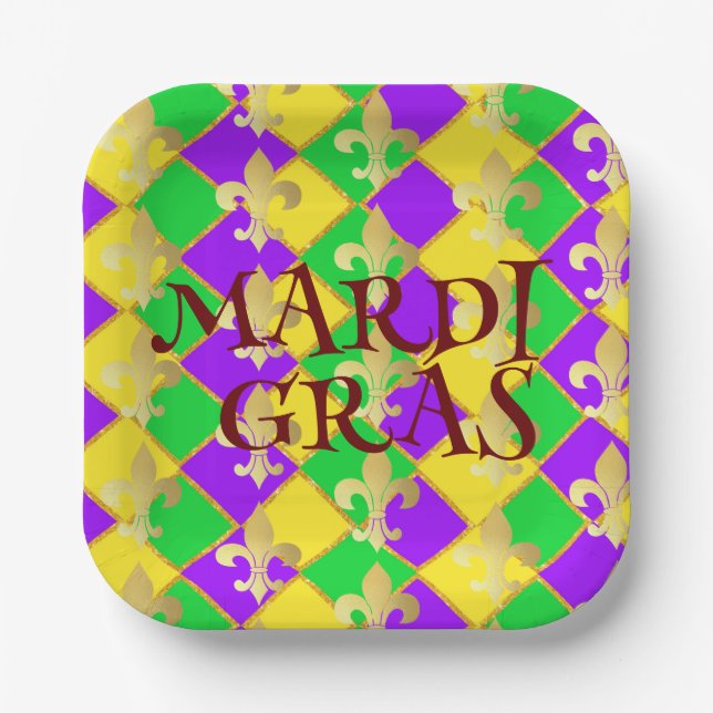 Gold Green Lila Mardi Gras Harlequin Pattern Pappteller (Vorderseite)