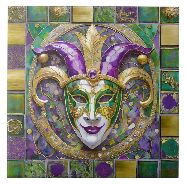 Gold Green Lila Mardi Gras Jester Mask Fliese (Vorderseite)