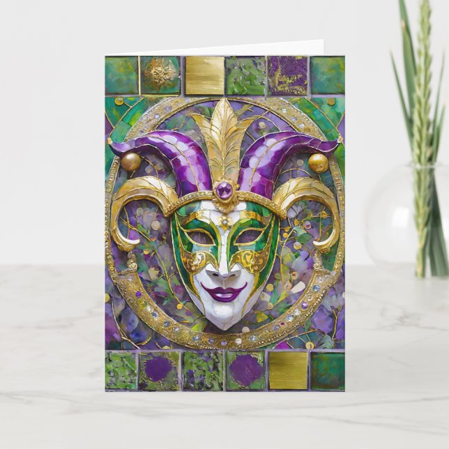 Gold Green Lila Mardi Gras Jester Mask Karte (Vorderseite)