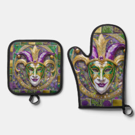 Gold Green Lila Mardi Gras Jester Mask Ofenhandschuh & Topflappen-Set