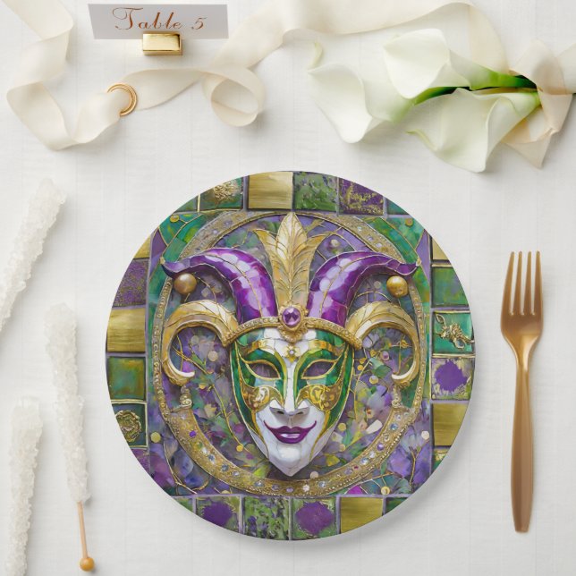 Gold Green Lila Mardi Gras Jester Mask Pappteller (Hochzeit)