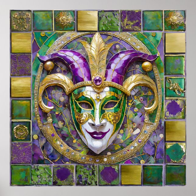 Gold Green Lila Mardi Gras Jester Mask Poster (Vorne)