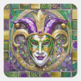 Gold Green Lila Mardi Gras Jester Mask Quadratischer Aufkleber