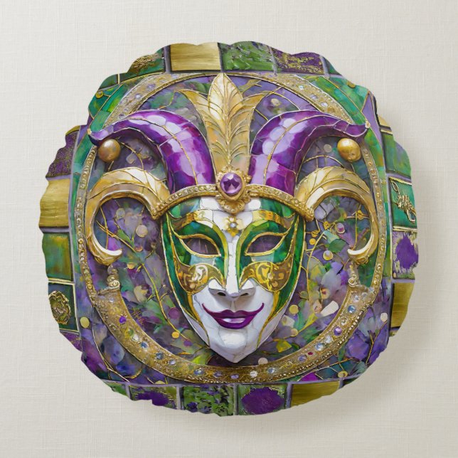 Gold Green Lila Mardi Gras Jester Mask Rundes Kissen (Vorderseite)