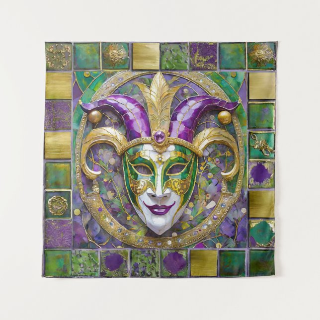 Gold Green Lila Mardi Gras Jester Mask Wandteppich (Vorderseite)