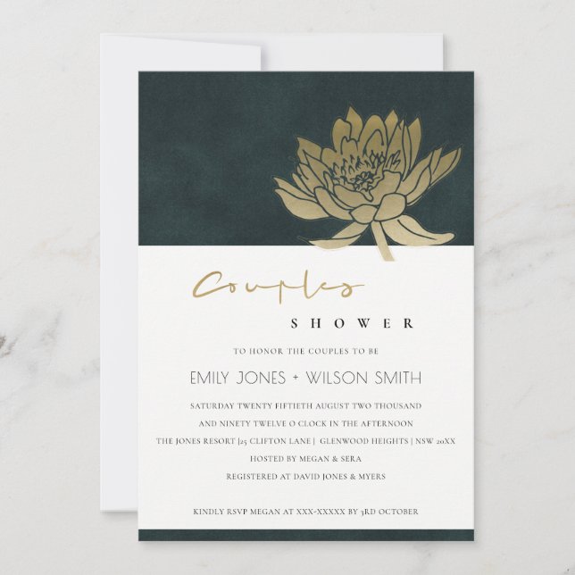 GOLD GREEN LOTUS FLORAL COUPLES DUSCHE EINLADEN DANKESKARTE (Vorderseite)