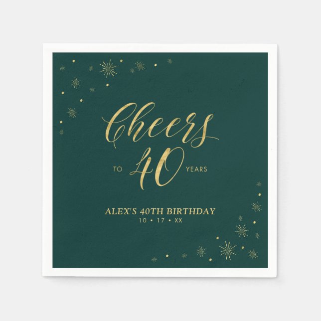 Gold & Green Modern Cheers 40. Geburtstag Party Serviette (Vorderseite)