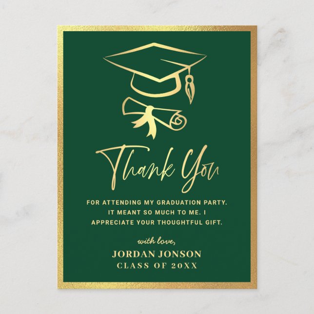 Gold Green Modern Graduation Party Danke Postkarte (Vorderseite)