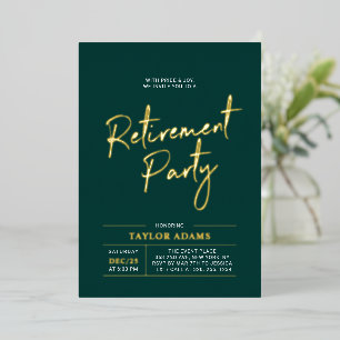 Gold & Green Moderne Pinsel Schrift Ruhestandspart Folieneinladung