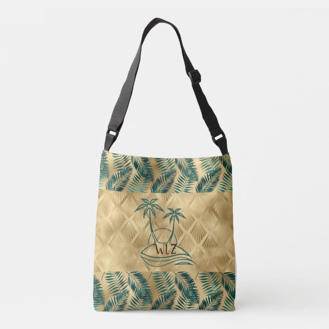 Gold Green Palm Tree Custom Tragetaschen Mit Langen Trägern (Rückseite)