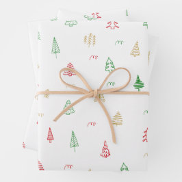 Gold Green Red Christmas Trees Muster Geschenkpapier Set