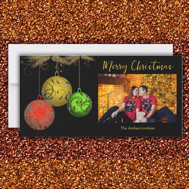 Gold Green Red Ornamy Carte de Noël photo (Merry Christmas Photo Card with Ornaments.)