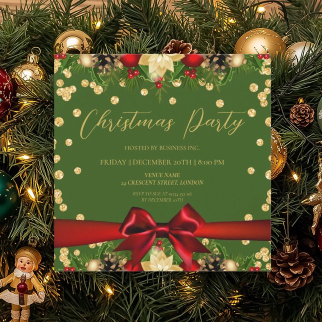 Gold Green Ribbon Glitzer Weihnachten Unternehmen Einladung (Gold Green Ribbon Glitter Christmas Corporate Invitation)