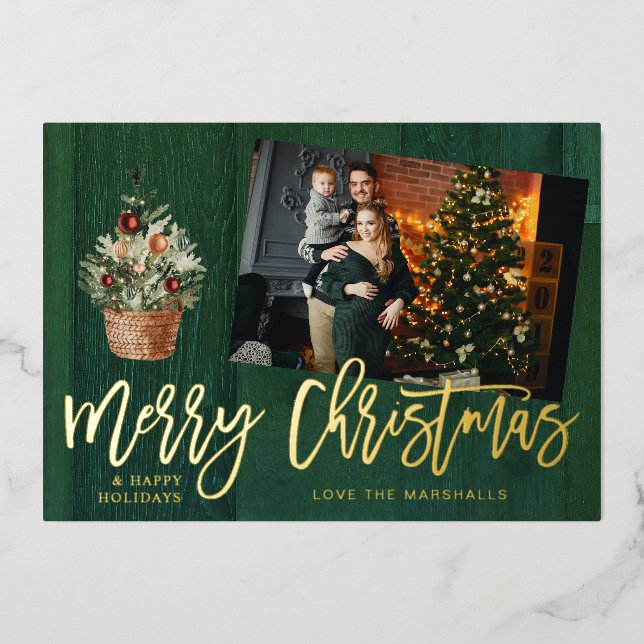 Gold & Green Rustic Frohe Weihnachten 4 Multi-Foto Folieneinladung (Vorderseite)