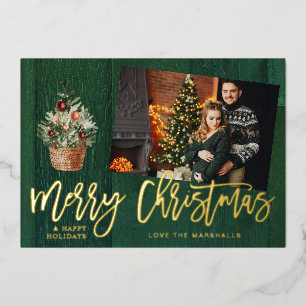 Gold & Green Rustic Frohe Weihnachten Ein Foto Folieneinladung