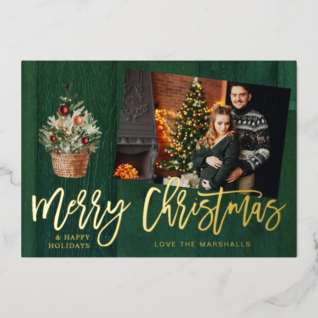 Gold & Green Rustic Frohe Weihnachten Ein Foto Folieneinladung (Vorderseite)