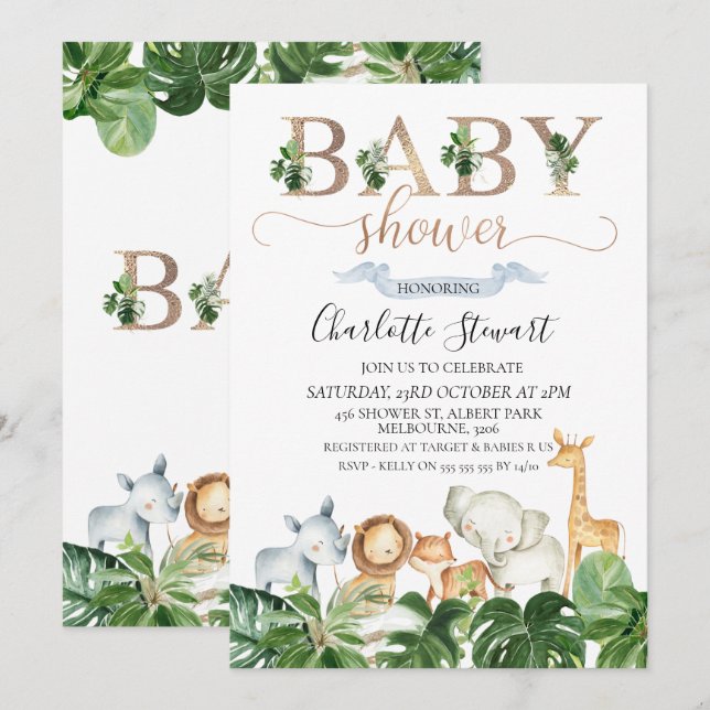 Gold Green Safari Animaux Baby shower Invitation (Devant / Derrière)