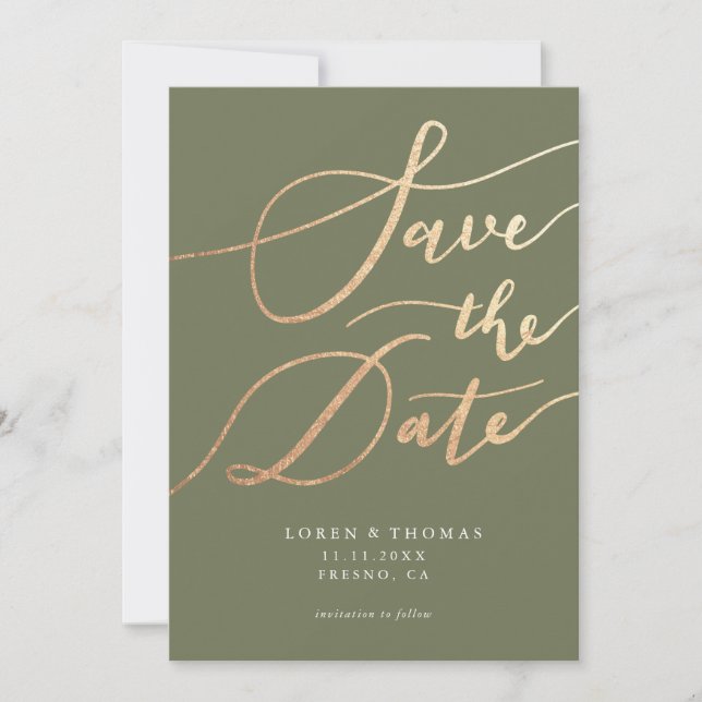Gold Green Script Typografie Save The Date (Vorderseite)