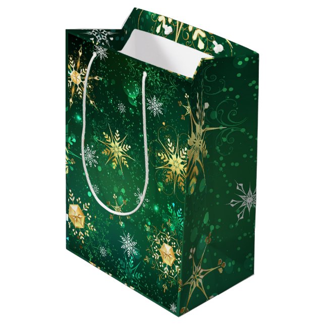 Gold Green Snowflakes Xmas Weihnachtsmittel Mittlere Geschenktüte (Rückseite Schrägansicht)