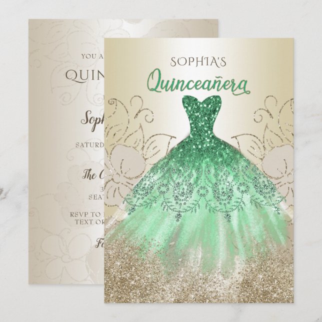 Gold Green Sparkle Dress Quinceañera Quince Einladung (Vorne/Hinten)