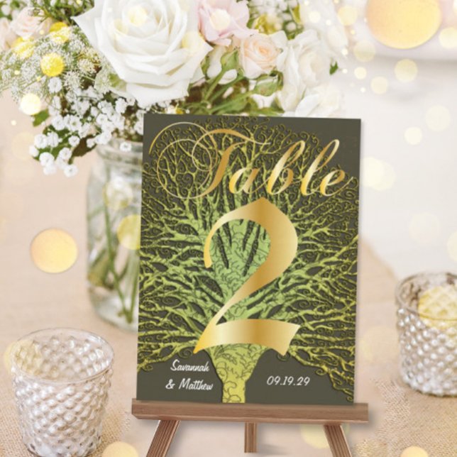 Gold Green Swirly Tree Table Number 2 Postkarte (Von Creator hochgeladen)