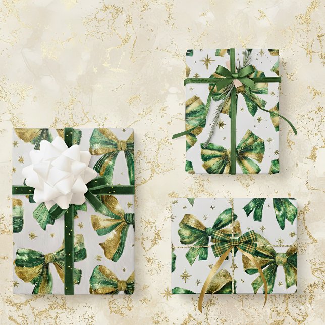 Gold Green Vintag Bows Weihnachten Geschenkpapier Set (Gold green Christmas bows wrapping paper sheets for holiday gift giving)