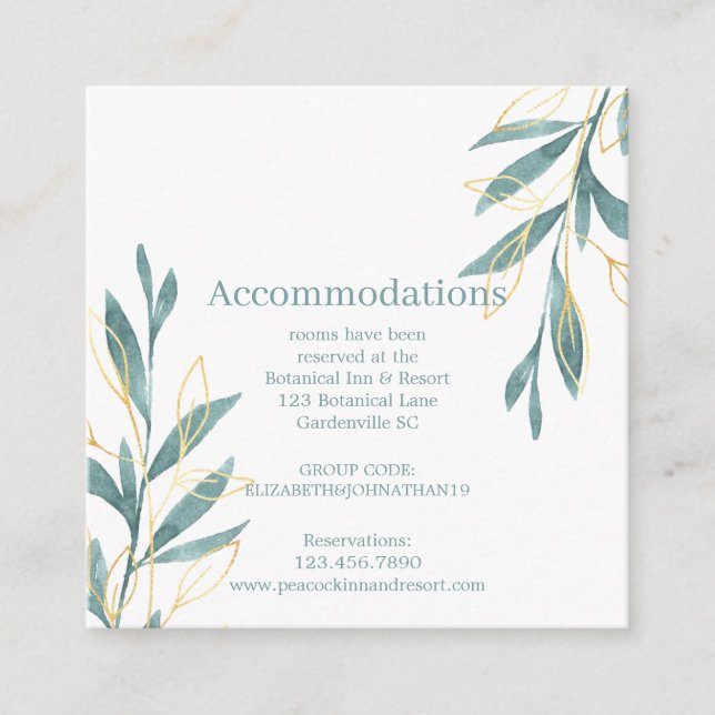 Gold Green Watercolor Floral Wedding Accomodation Begleitkarte (Vorderseite)