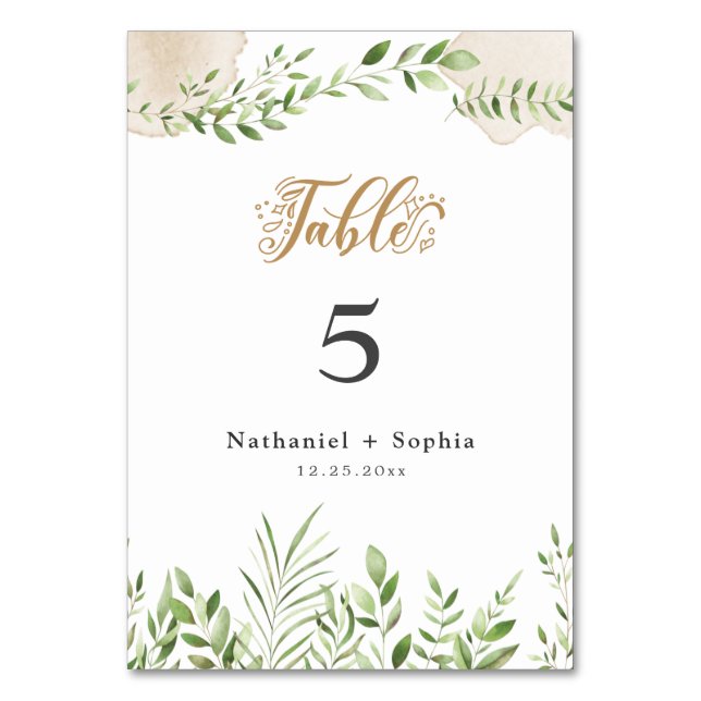 Gold Green Watercolor Tafel Tischnummer (Vorderseite)