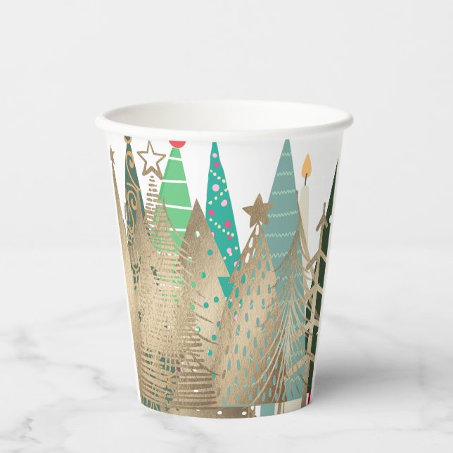 Gold & Green Weihnachtsbaumen Design Pappbecher (Vorderseite)