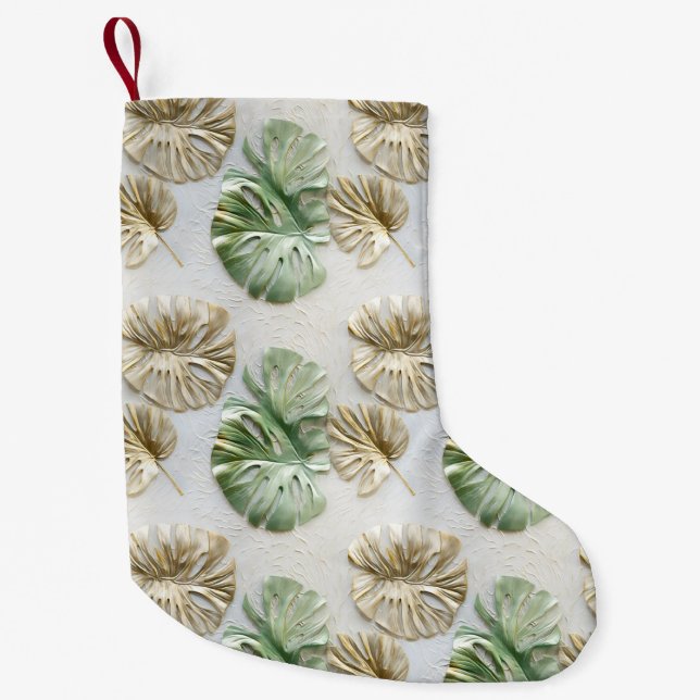 Gold Green White Tropical Blätter Kleiner Weihnachtsstrumpf (Vorderseite)