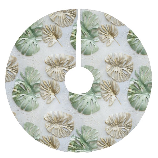 Gold Green White Tropical Blätter Polyester Weihnachtsbaumdecke (Vorderseite)