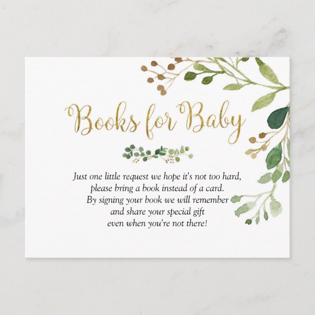 Gold Greenery Baby Shower Books for Baby Einladungspostkarte (Vorderseite)