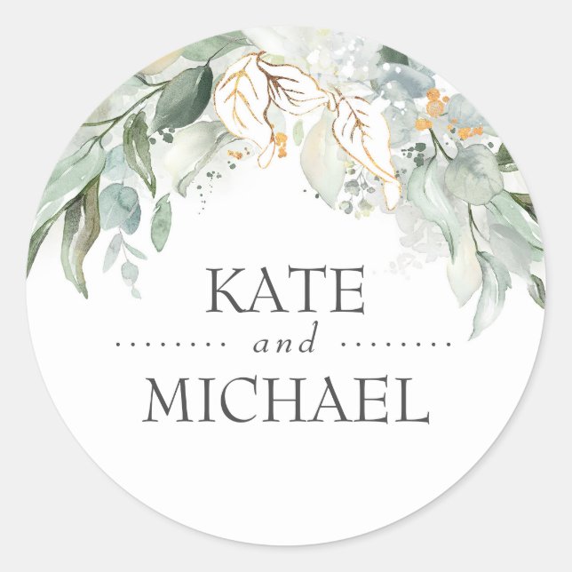 Gold Greenery Blätter Wreath Wedding Runder Aufkleber (Vorderseite)