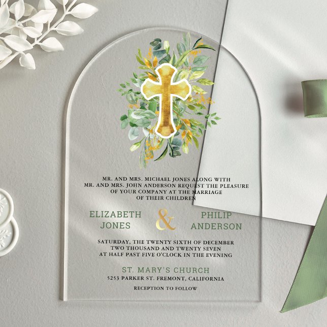Gold Greenery Catholic Wedding Acryleinladungen (Von Creator hochgeladen)