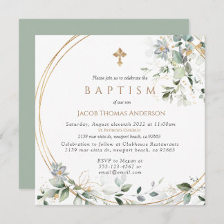  Gold Greenery Eucalyptus Boy Baptism Invitation